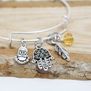 Buddha, Hamsa & Feather Adjustable Charm Bangle - Handcrafted